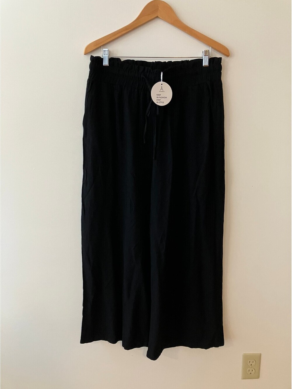 Anrabess Womens XL Black Wide Leg Cropped Trousers NWT Linen Blend Paperbag